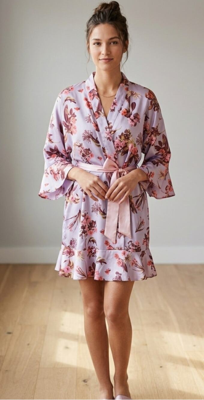 Victoria's Secret Satin Kimono Robe Ruffle Floral Lavender M/L